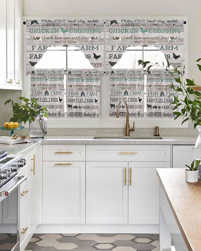 Farmhouse Swag Kitchen Curtains Valance and Tier Set, Rod Pocket Short Curtain