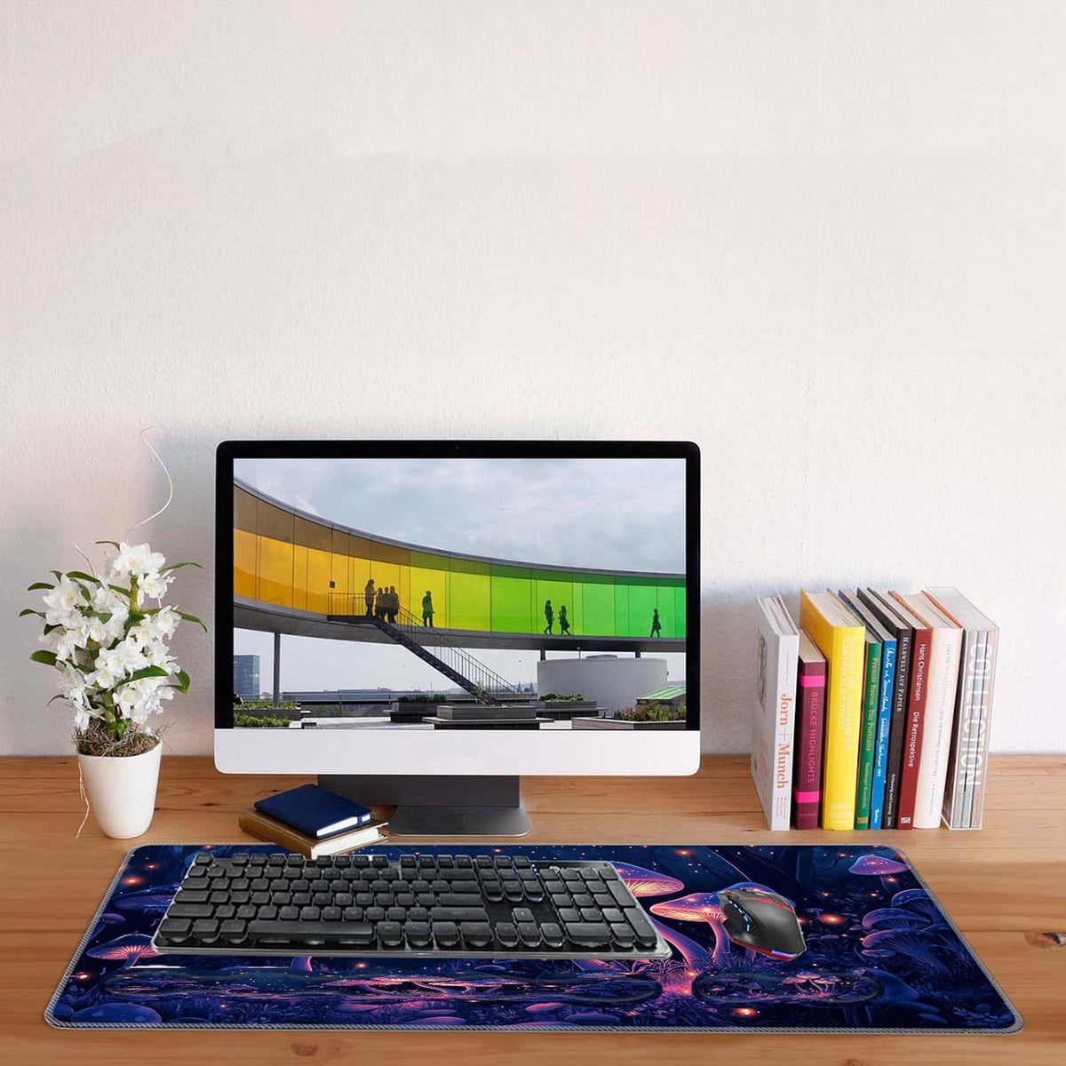 Keyboard Mouse Pad Set,Large Desk Pad+Keyboard Wrist Rest+Mouse Wrist Support+Coaster,Easy Typing Pain Relief Non-Slip Wrist Support Mousepad Set Home Office,Glowing Mushrooms