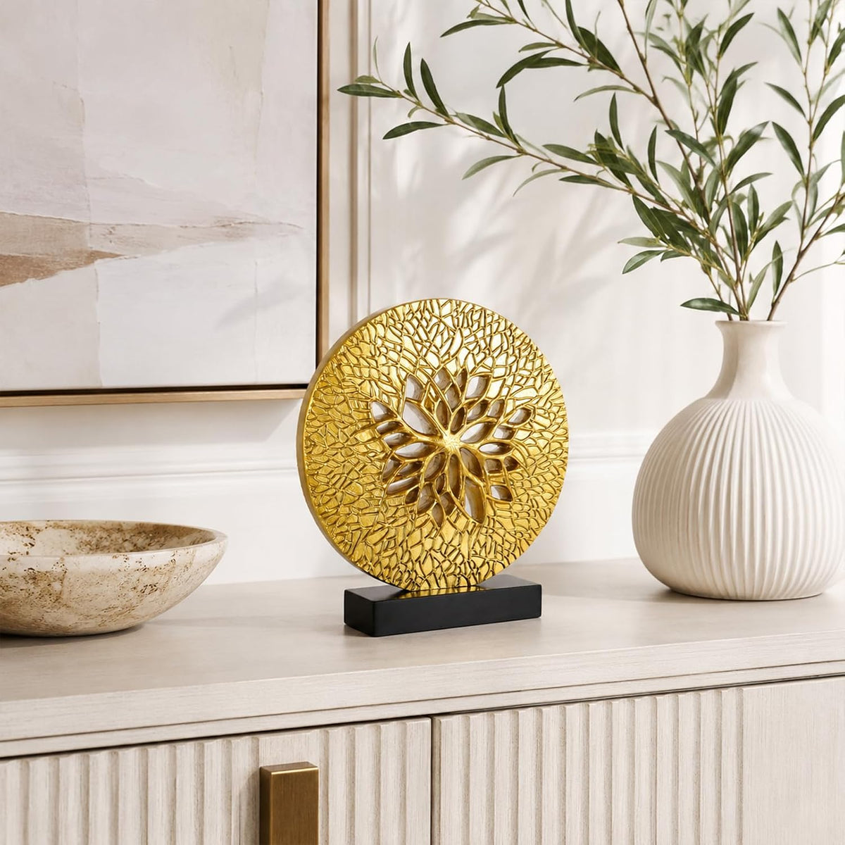 Tree of Life Decorative Sculpture, Round Openwork Tabletop Decor for Cabinet Top, Shelf, Mantel, Console Table, TV Stand and Living Room Home Decor
