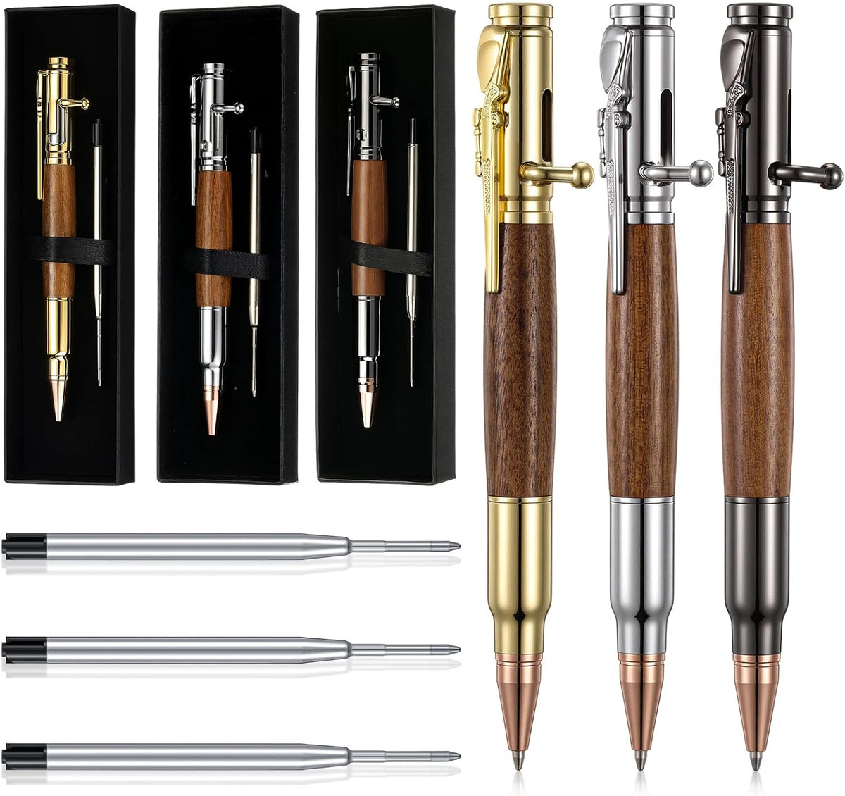Crtiin 3 Sets Bolt Action Bullet Pens, Gift Boxed,Gold Silver Black