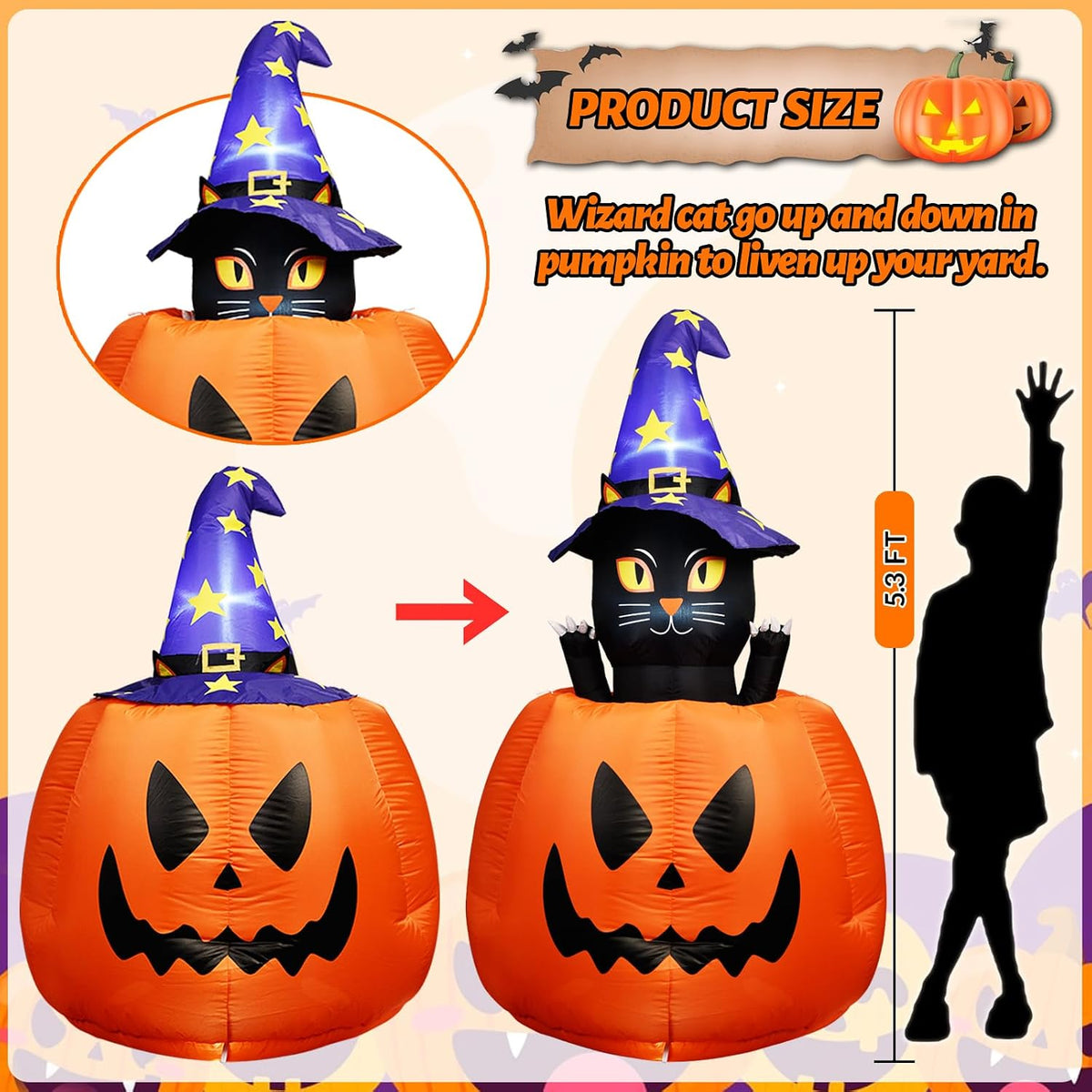 5.3 FT Halloween Inflatable Animated Witch Cat in Pumpkin, Blow Up Yard Decorations with Build-in LEDs Lighted Decor for Holiday Party Outdoor Indoor Lawn Garden
