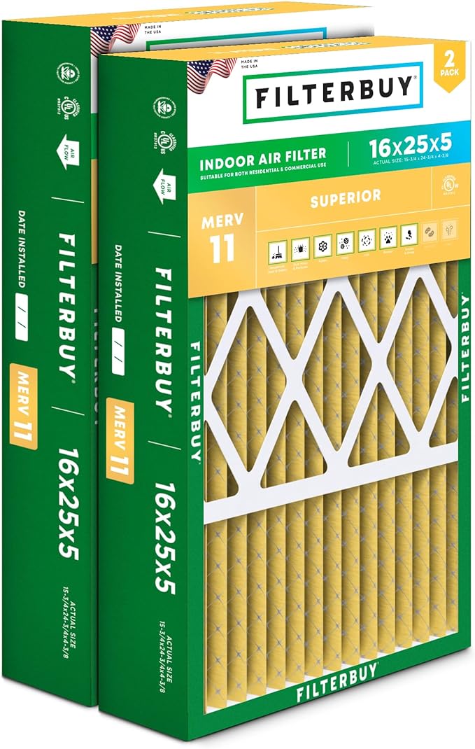 Filterbuy 16x25x5 Air Filter MERV 11 Superior Pet & Allergy Defense, Pleated
