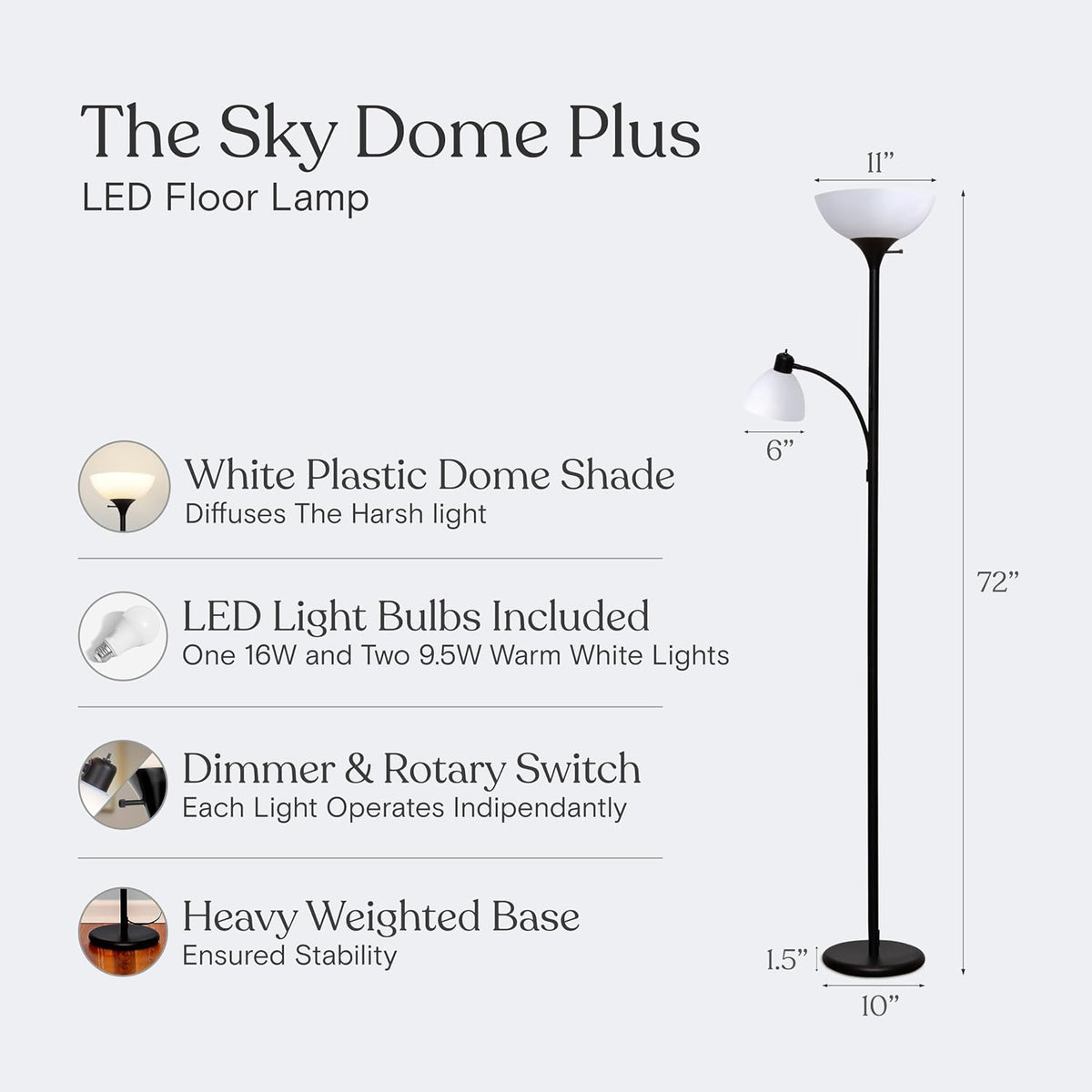 Brightech Sky Dome Plus LED Floor lamp, Torchiere Super Bright Floor Lamp with Reading Lamp for Living Rooms & Offices - Dimmable Tall Standing Lamp for Bedroom Reading - Black