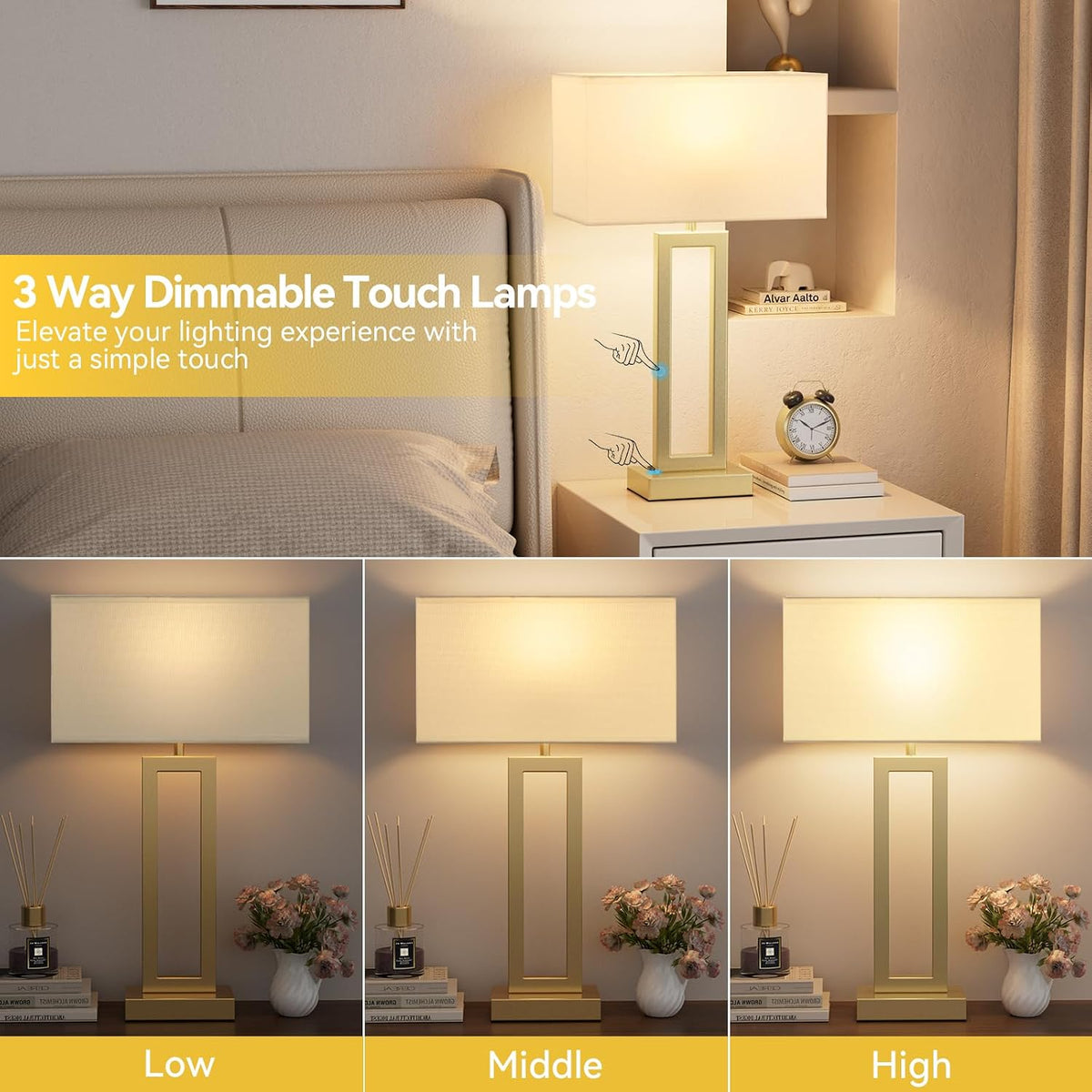 26" Tall Touch Lamps for Nightstand with USB C+A, 3 Way Dimmable Gold Lamp