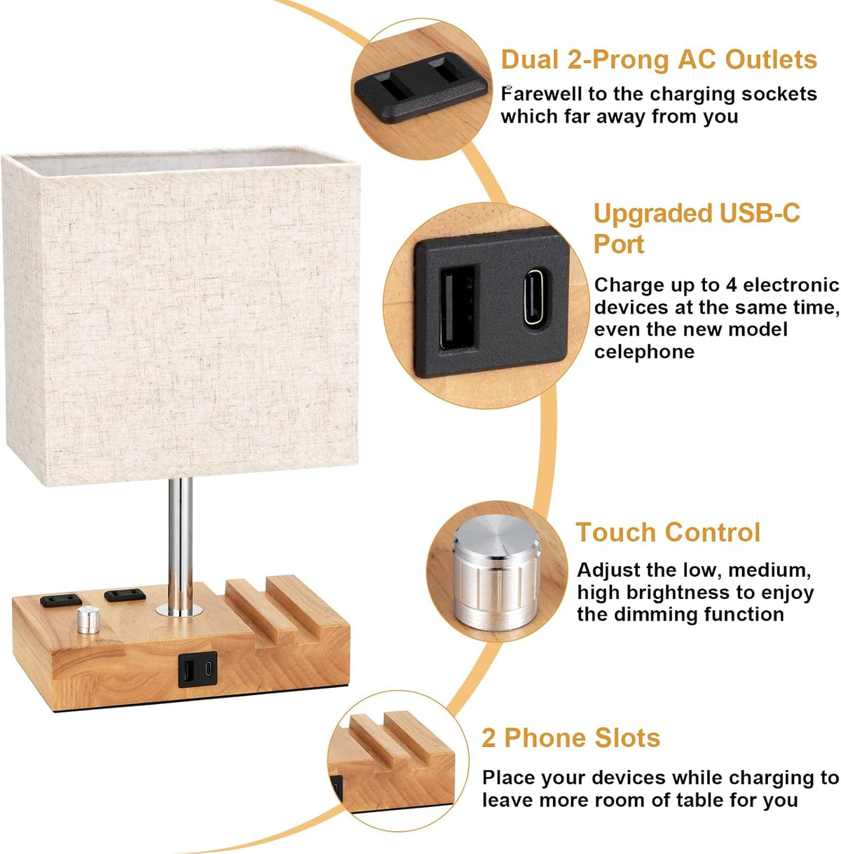 Wood Grain Table Lamp for Bedroom, Stepless Dimmable, USB C+A, 2 AC Outlets