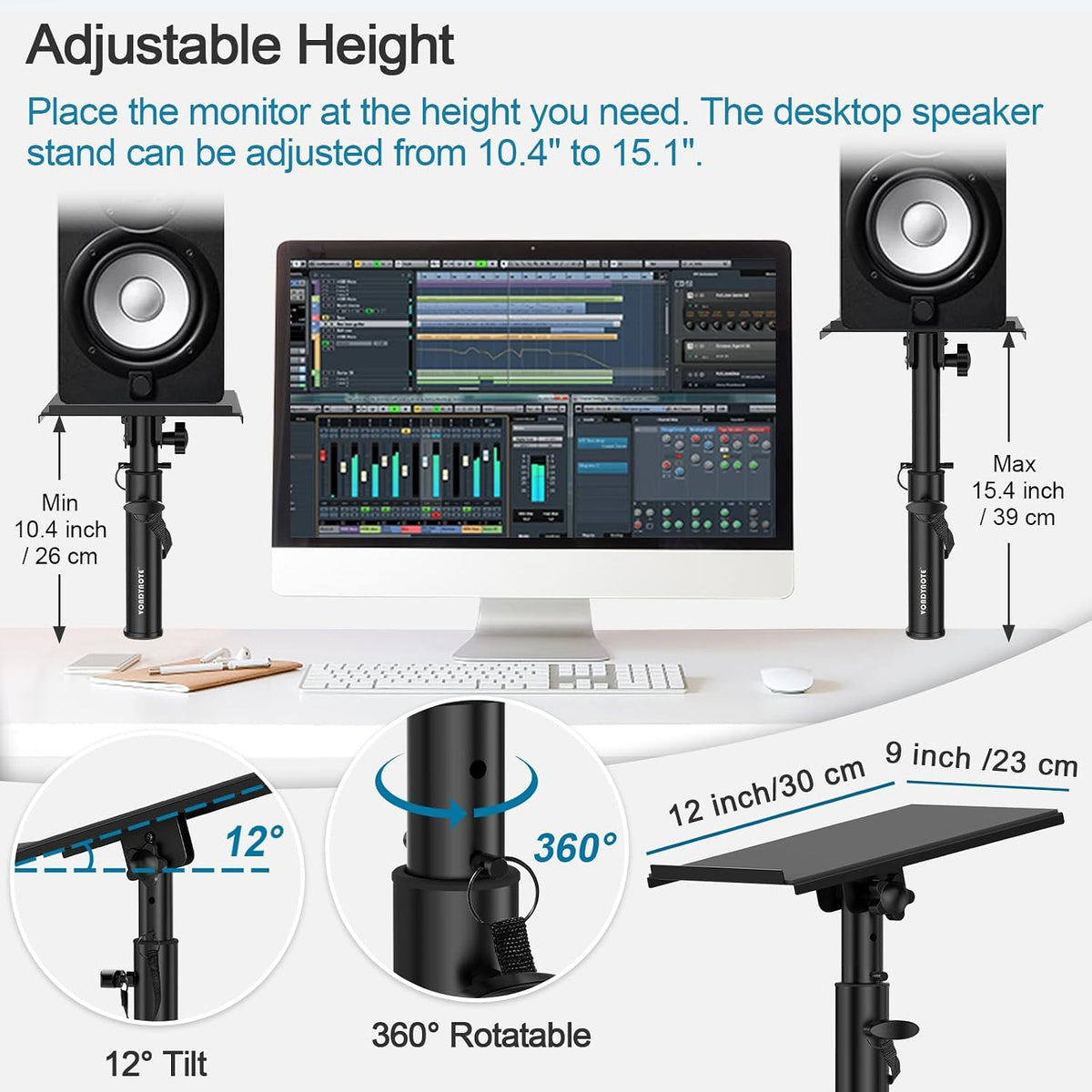 Vondynote Pair of Studio Monitor Stands Desk Clamp Speaker Stands 12°Tilt
