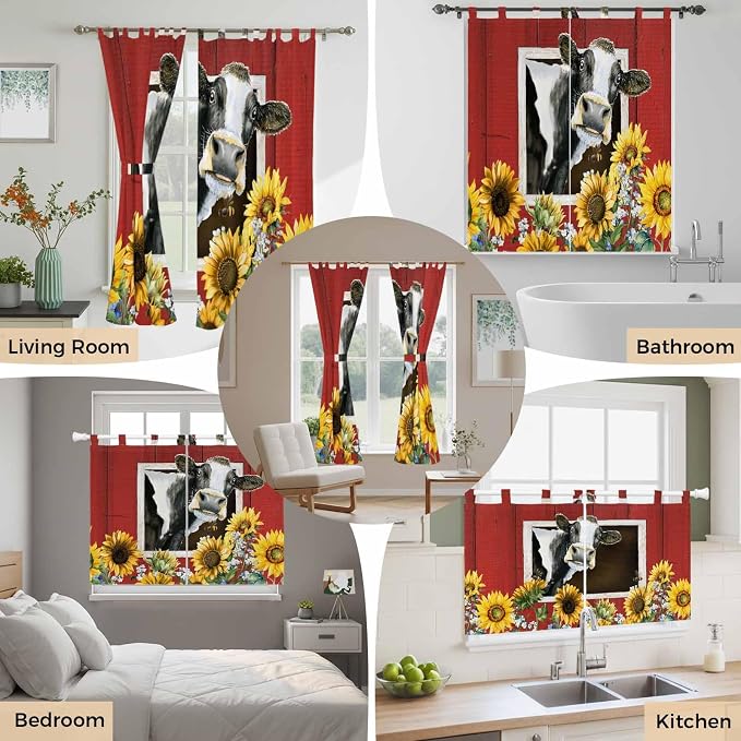 Cows Sunflowers Living Room Curtains 84 Inch Length, Window Curtains Tab Top