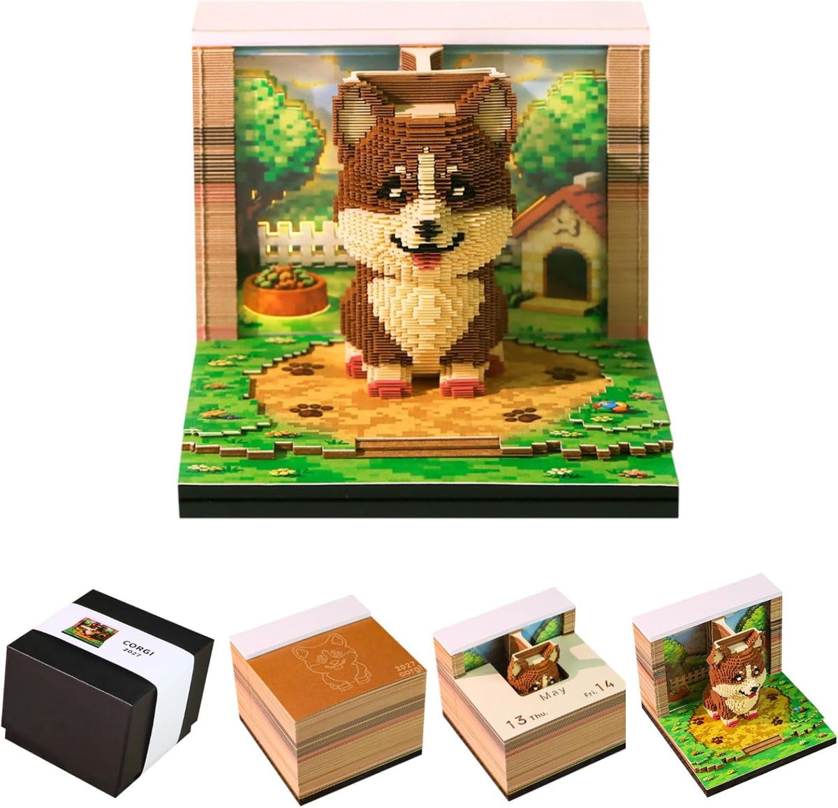 3D Calendar 2027, Desk Time Piece Calendar 2027,Tear-Away 3D Paper Art Notepad w LED Lights,Creative 3D Memo Artsy Pad Calendars, DIY Paper Carving Gift (Corgi)