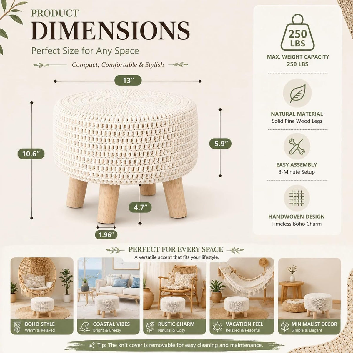 13" Round Handmade Cotton Knitted Boho Small Ottoman with Non-Skid Wood Leg
