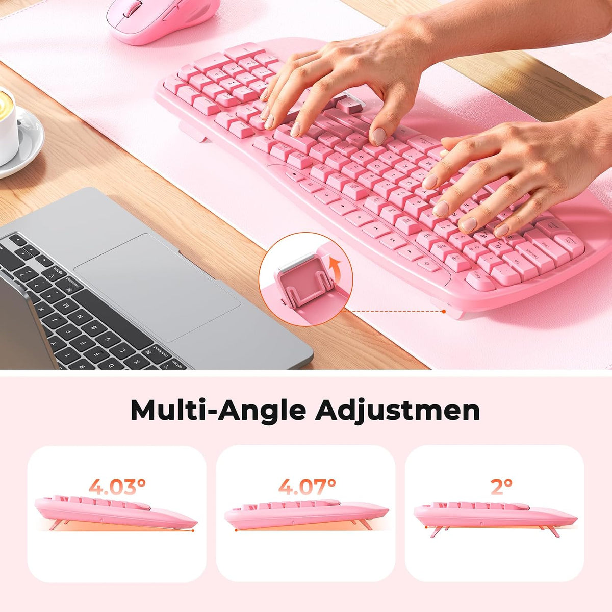 MEETION Ergonomic Wireless Keyboard and Mouse Combo with Wave Keys, Pink