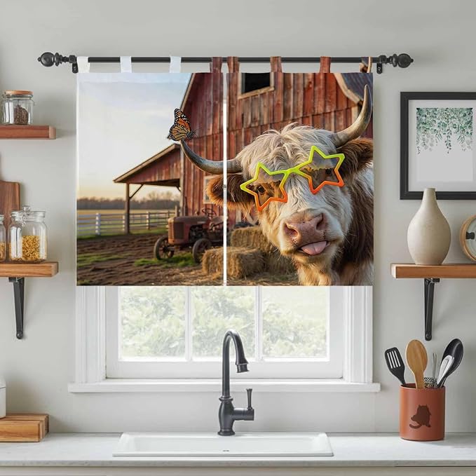 Farm Yaks Kitchen Curtains 45 Inch Length, Short Cafe Window Curtains Tab Top