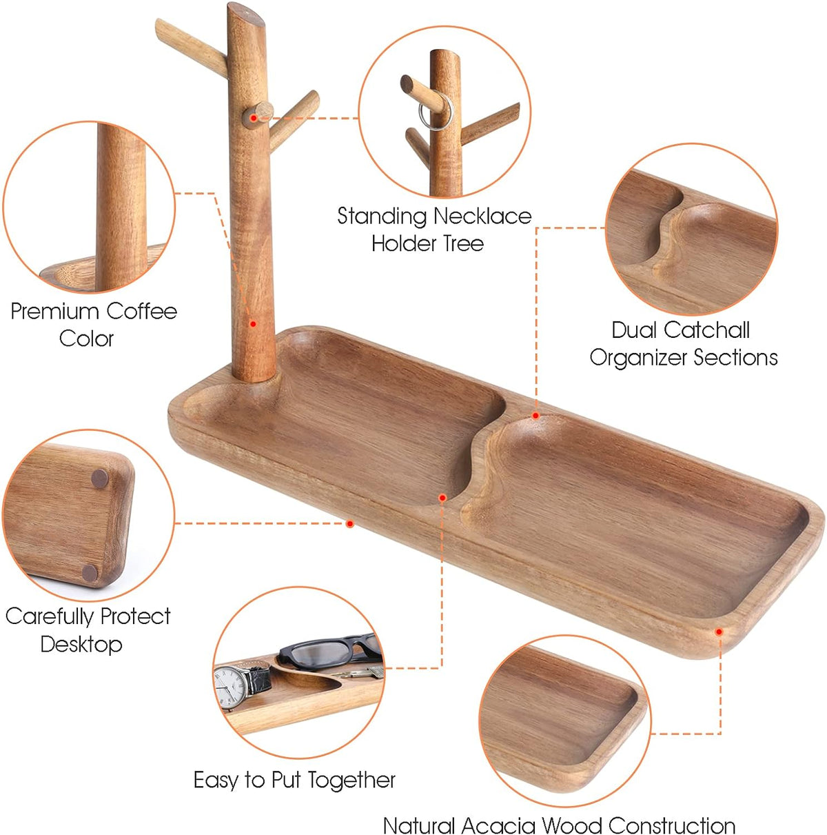 Wood Key Tray for Entryway Table, Jewelry Tray, Catchall Tray with 3 Stand Hanging Organizer, for Rings, Phone, Bracelets Watches
