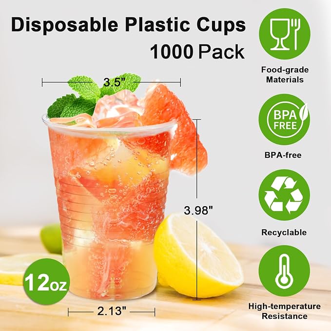 Lamosi 1000 Pack 12 oz Clear Plastic Cups, 12 Ounce Disposable Drinking Cups |