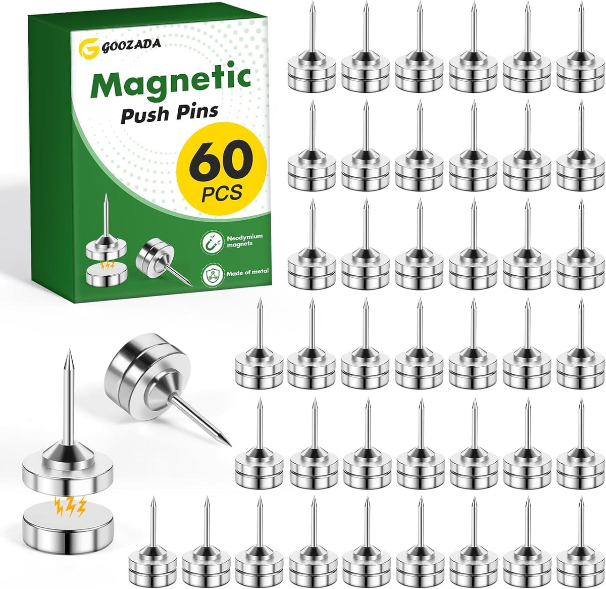 60 Pack Magnetic Push Pins, Silver Magnet Thumb Tacks, Metal Magnet Tacks, Magnetic Clips, Push Pins for Cork Board, Bulletin Board, Photo Wall, Wall