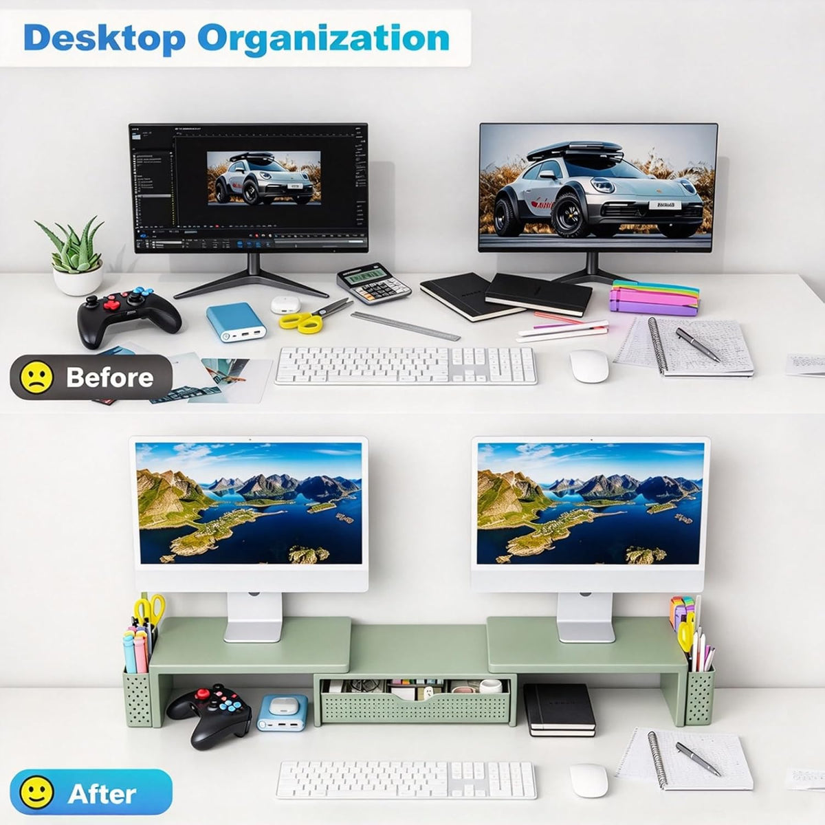 Spacrea Dual Monitor Stand Riser with Drawer and 2 Pen Holders