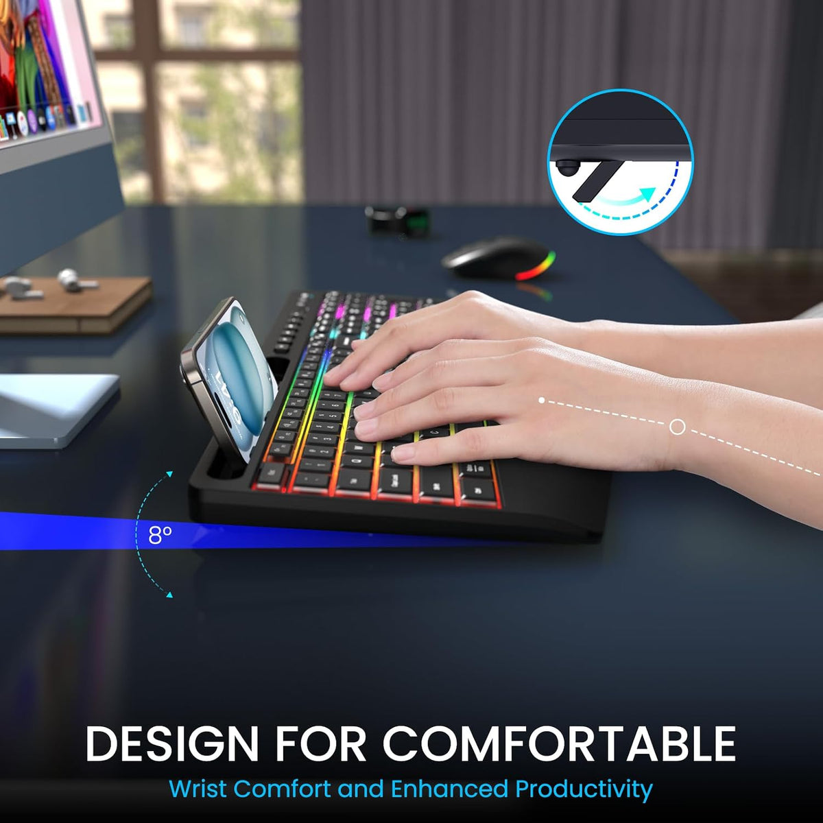 Wireless Keyboard and Mouse Combo - Dual System RGB Backlit Mouse and Keyboard,2.4G Rechargeable,Full-Sized Ergonomic Silent Design with Phone Holder for Windows Mac PC Laptop (Black-V3)