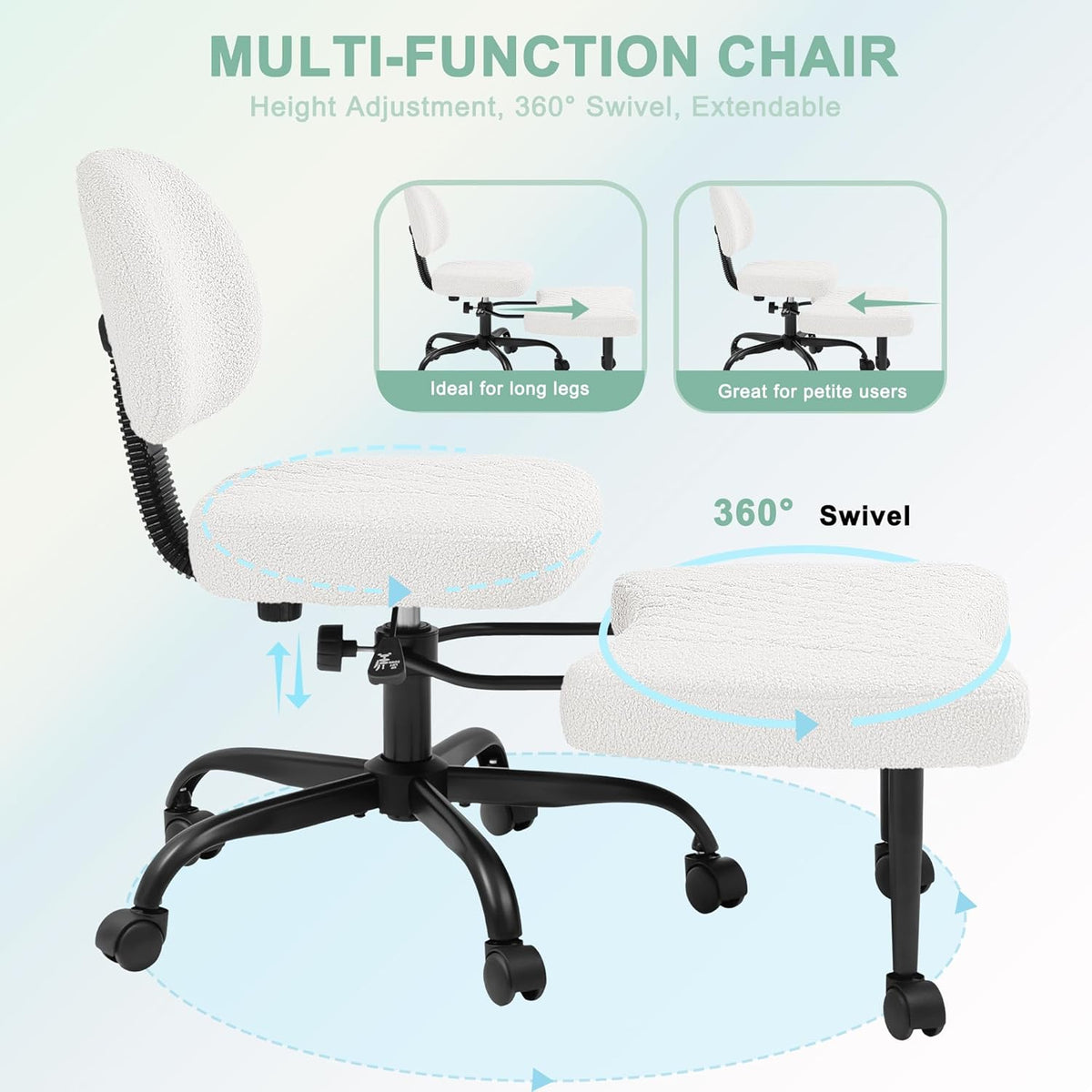 GUNJI Ergonomic Criss Cross Legged Office Chair, 360° Swivel Meditation Kneeling Chair with Wheels, ADHD Chair with Footrest, Lumbar Support, Wider Height Adjustable Seat (White, Faux Leather)