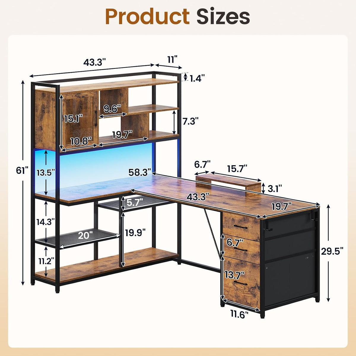 SEDETA 58'' L Shaped Computer Office Desk with 3 Drawers and Bookshelf