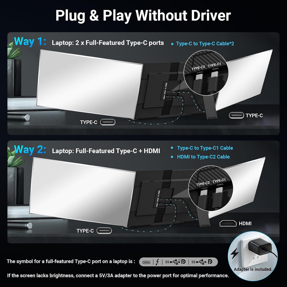 15.6" Laptop Screen Extender, 1080P FHD Triple Portable Monitor for Laptops, Ultra-Slim Travel Dual Monitor Fit for 12"-17.3" Laptops, USB-C Plug&Play Extended Screen Compatible with Win/Mac/Android
