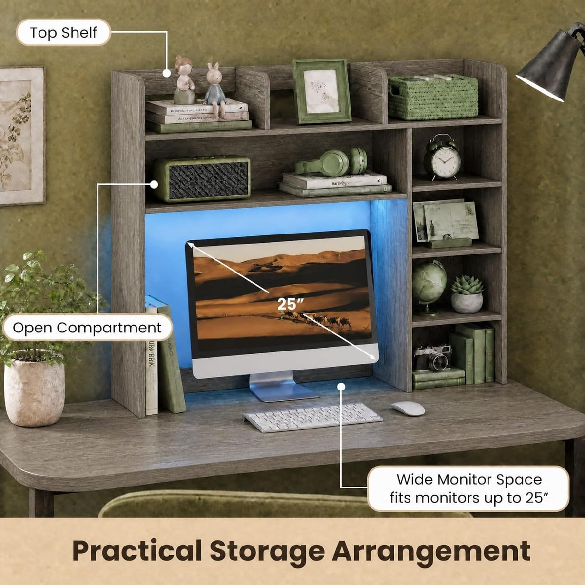 GOFLAME Desk Hutch, 8 Shelves Desktop Bookshelf, 31.5”, Gray