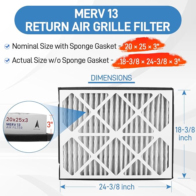 20x25x3 MERV 13 Pleated Air Filter, 2 Pack, Compatible