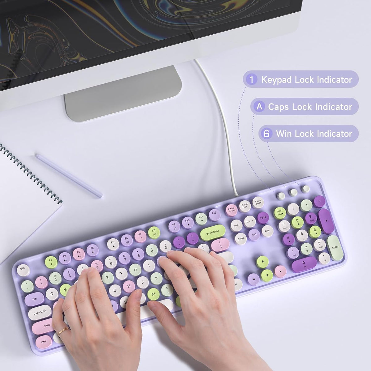 MOWUX Computer Keyboard Wired, Plug and Play USB Retro Round Typewriter Keyboard, Full Size Wired Keyboard with Foldable Stands for Laptop and Office PC- Purple Colorful