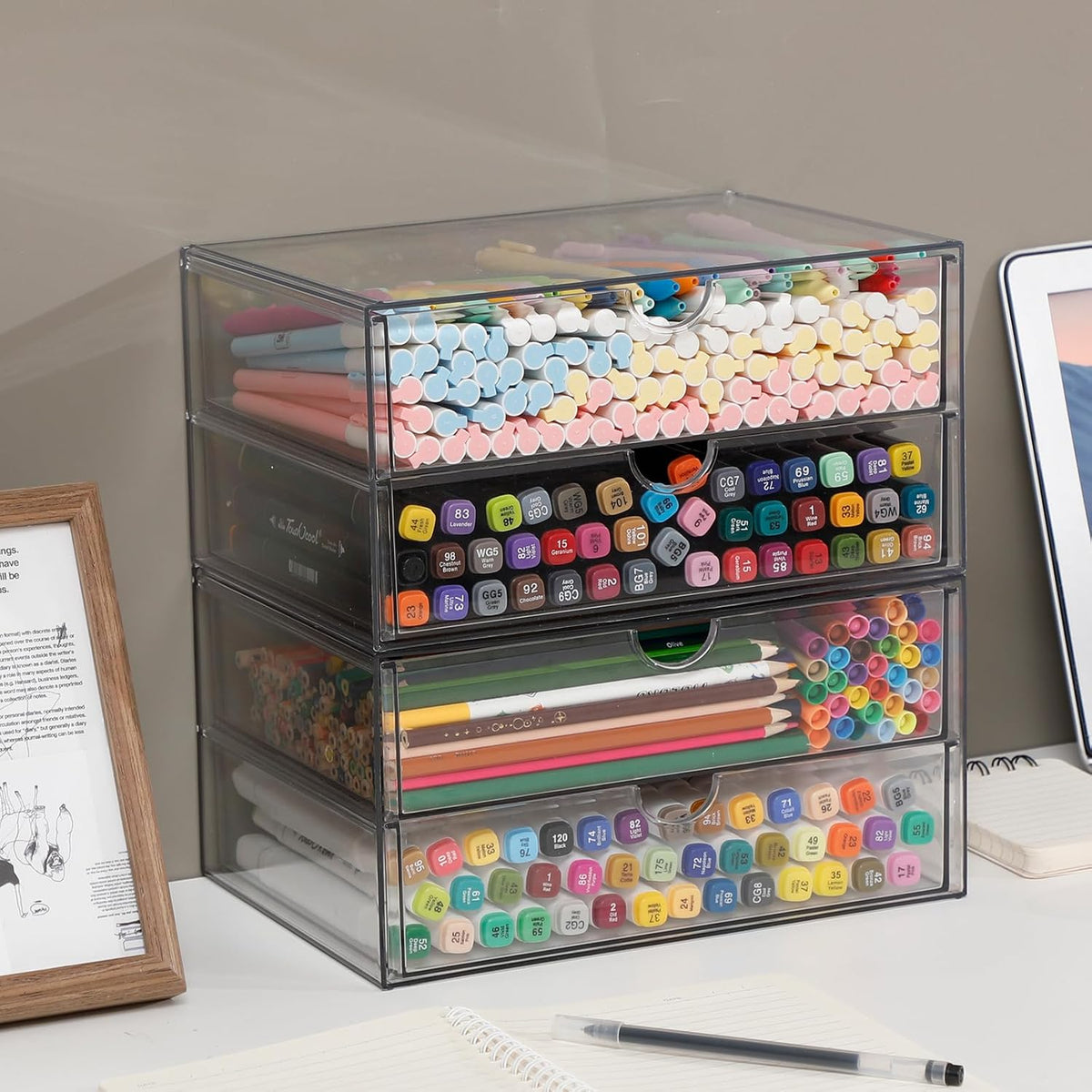 Clear Desk Drawer Organizer, 6 Drawers, Plastic