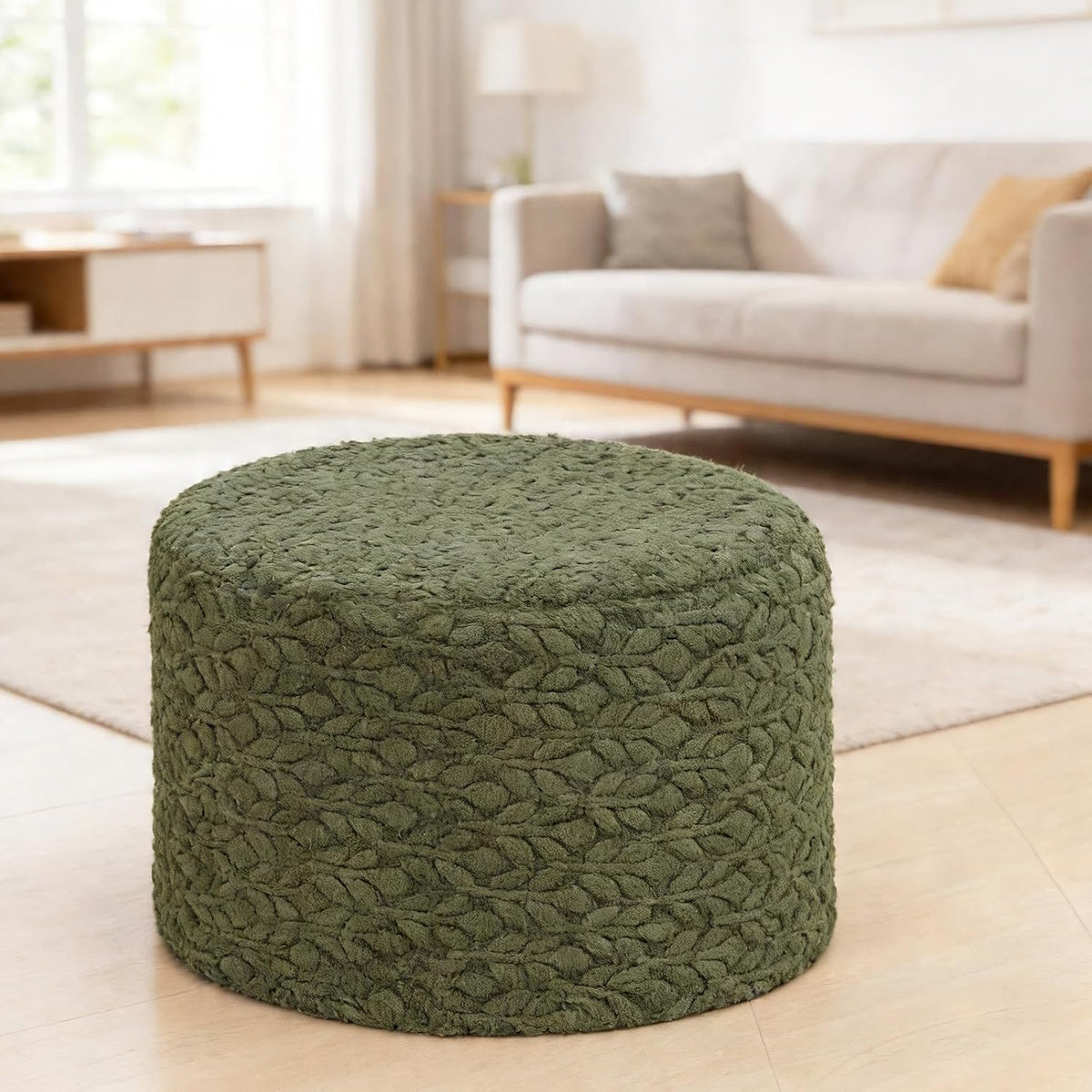Poofieotto Round Pouf Ottoman, Couch Footrest,Forest Green, 20 x 20 x 14 in