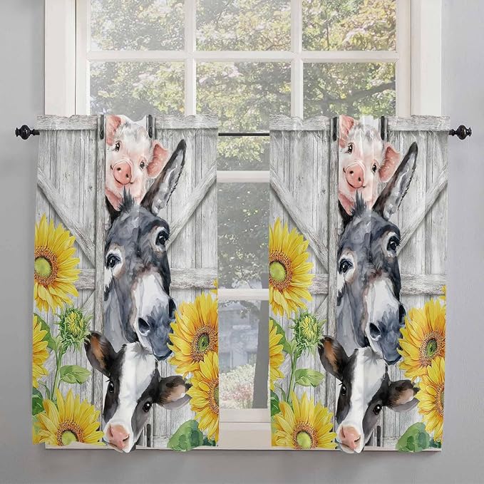 Farmhouse Kitchen Curtains 54 Inches length, Watercolor Sunflowers Animals