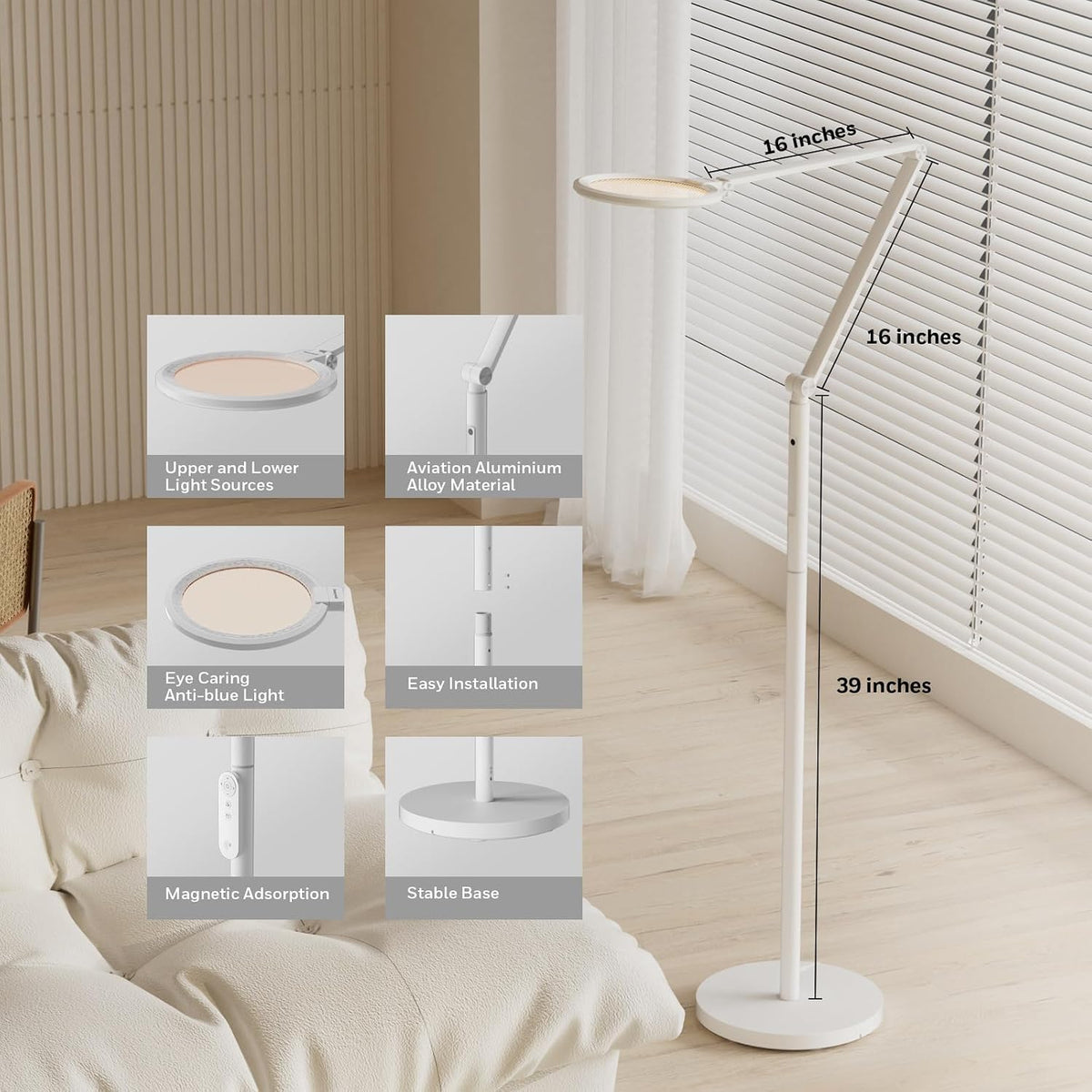 Honeywell F01 LED Floor Lamp, Dimmable Standing Light with Remote, White