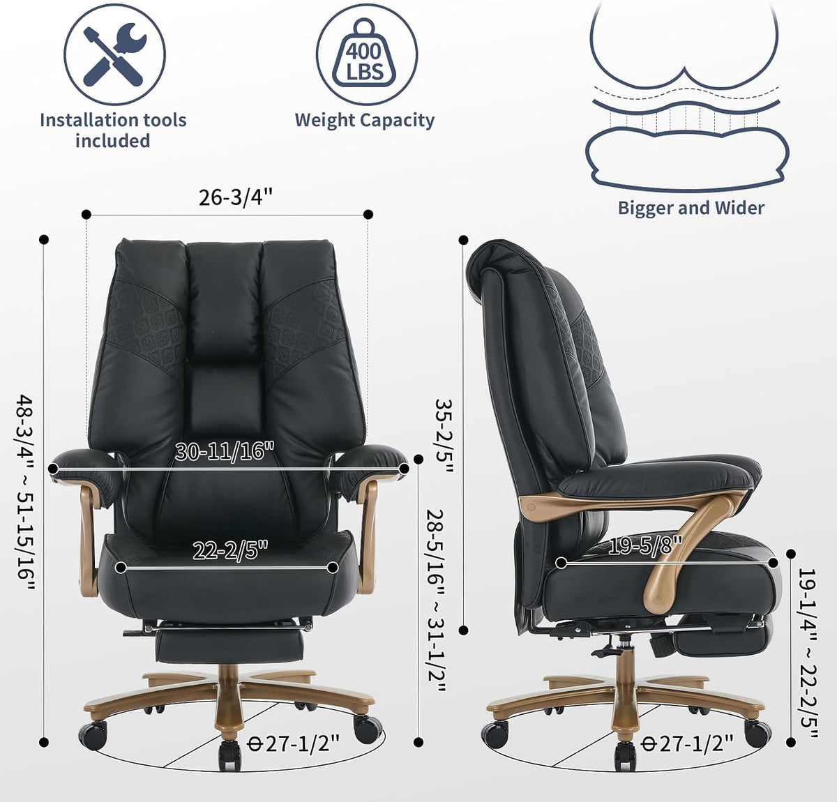 EXCEBET Big and Tall Executive Office Chair with Footrest, 400LBS Capacity Ergonomic High-Back Desk Office Chair with Lumbar Support, Padded Armrests & Thick Cushion, Black PU Leather Chairs