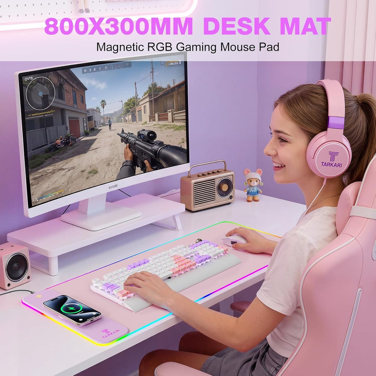 TARKARI 15W Magnetic Wireless Charging RGB Mouse Pad, 800x300mm Pink