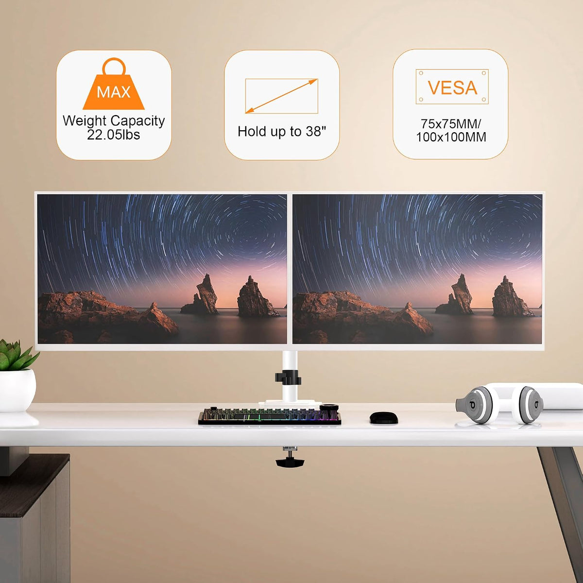 Pholiten Dual Monitor Stand for 2 Screens up to 38Inches, White