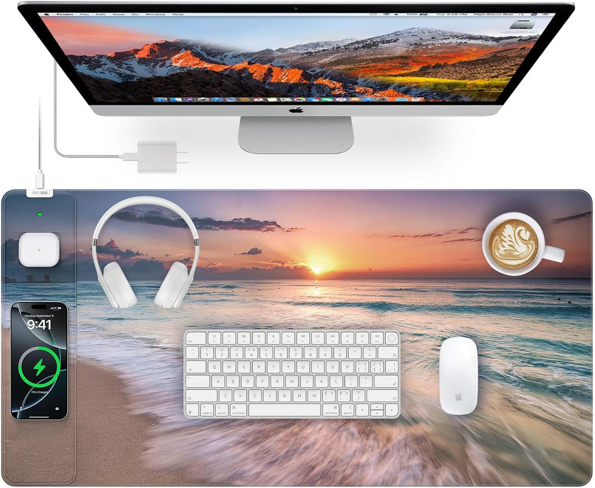 Beach Sunset Mouse Pad with Dual Wireless Charging, 31.5" x 15.8"