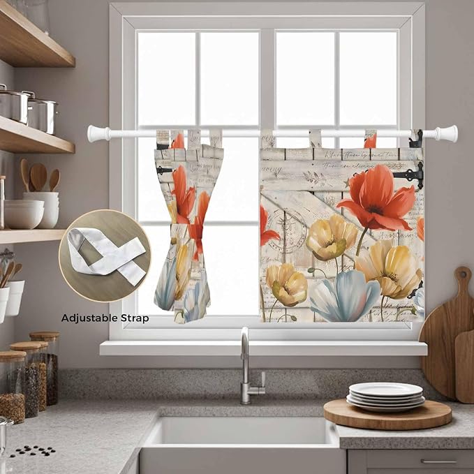 Retro Floral Kitchen Curtains 24 Inch Length, Small Window Curtains Tab Top