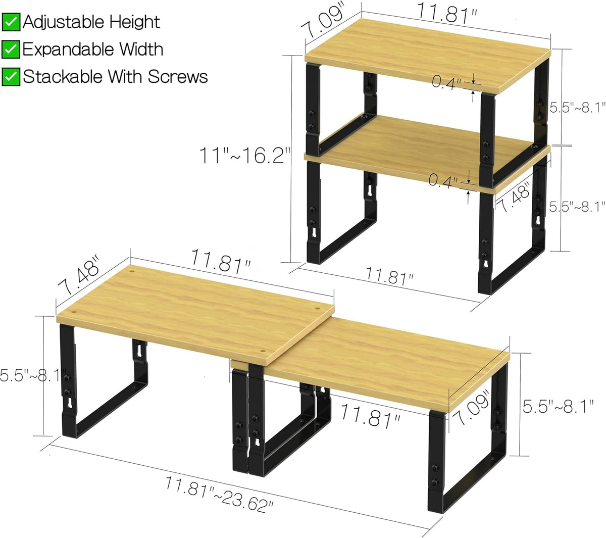 Adjustable Storage Shelves for Kitchen Cabinet Organization - Set of 2 Stackable Metal & Solid Wood Racks, Space-Saving Design for Countertop/Pantry/Garage, Easy Assembly(2 Packs/Medium/Black)