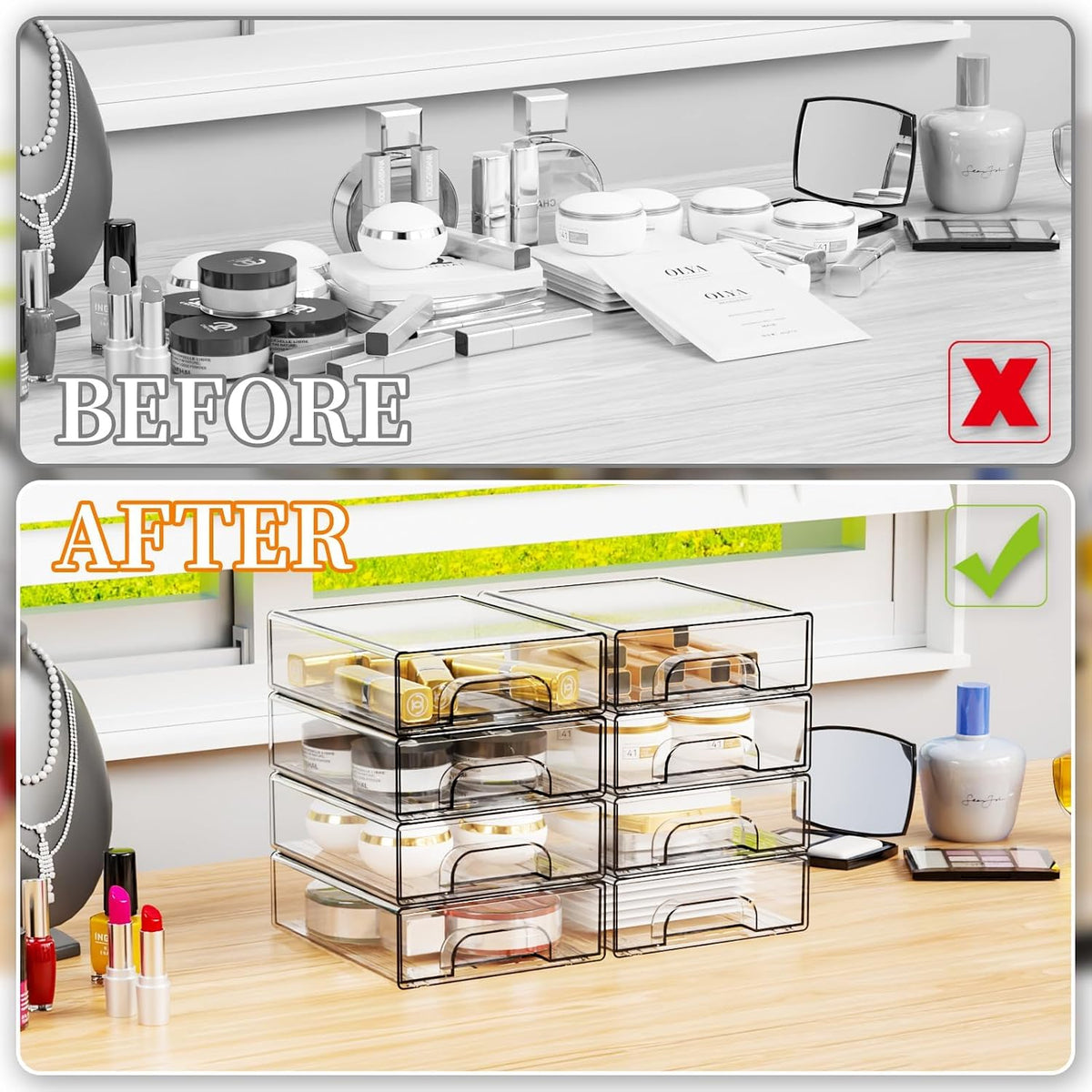 Yieach 2.2'' Tall Acrylic Clear Stackable Storage Drawer Organizer,8 Pack Desk Organization and Storage,Plastic Office Supply Organizer,Drawer Storage Organizer for Makeup,Accessory,Pen,Art Crafts