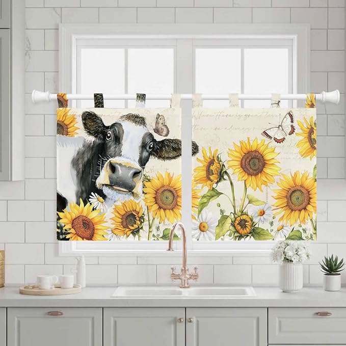 Yellow Sunflowers Kitchen Curtains 24 Inch Length, Small Window Curtains Tab Top