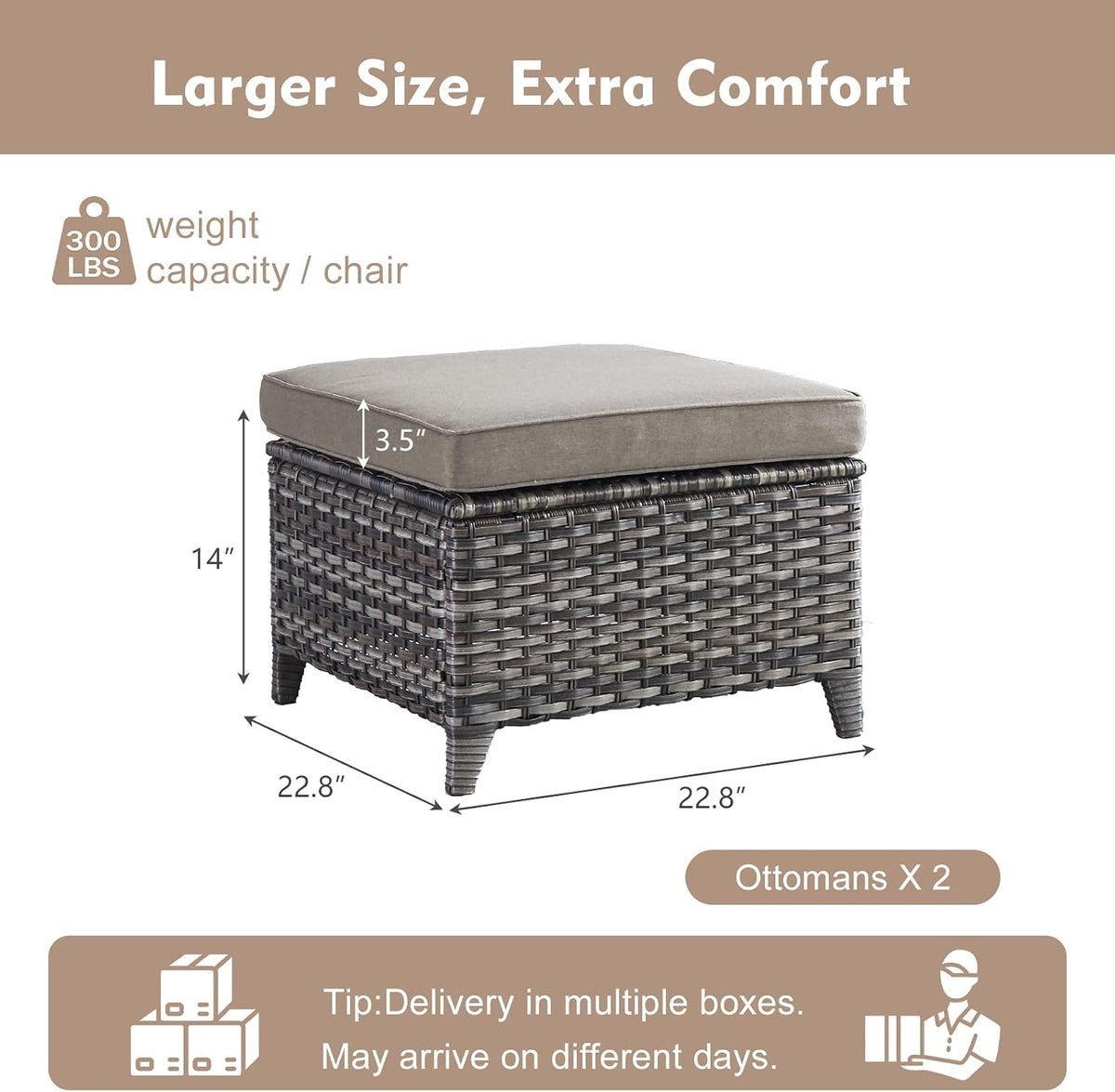 Rilyson Luxury Outdoor Wicker Patio Ottomans Set of 2, 250 lbs Capacity Rattan Large Ottomans for Patio Footrest Set 22.8in*22.8in*14in with 3.5in Thick Cushion (Mixed Grey/Grey)