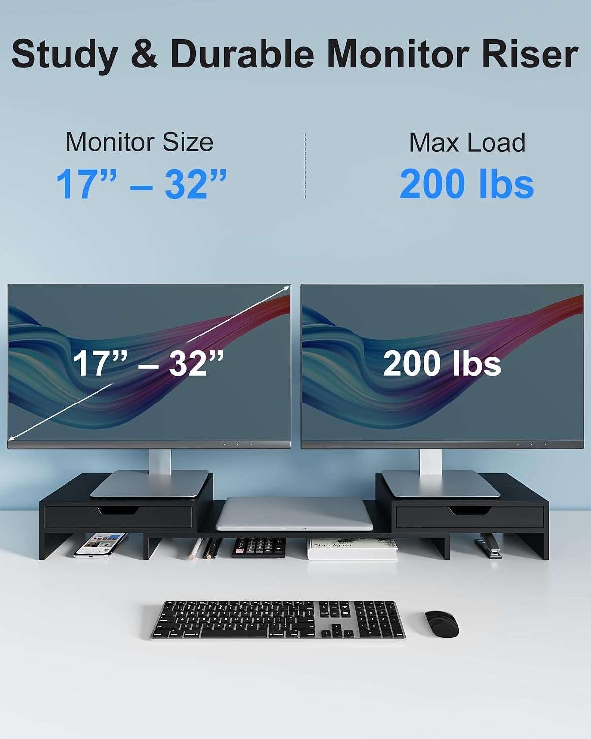 Epesoware Dual Monitor Riser with Two Drawer for Desk, No Assembly Required