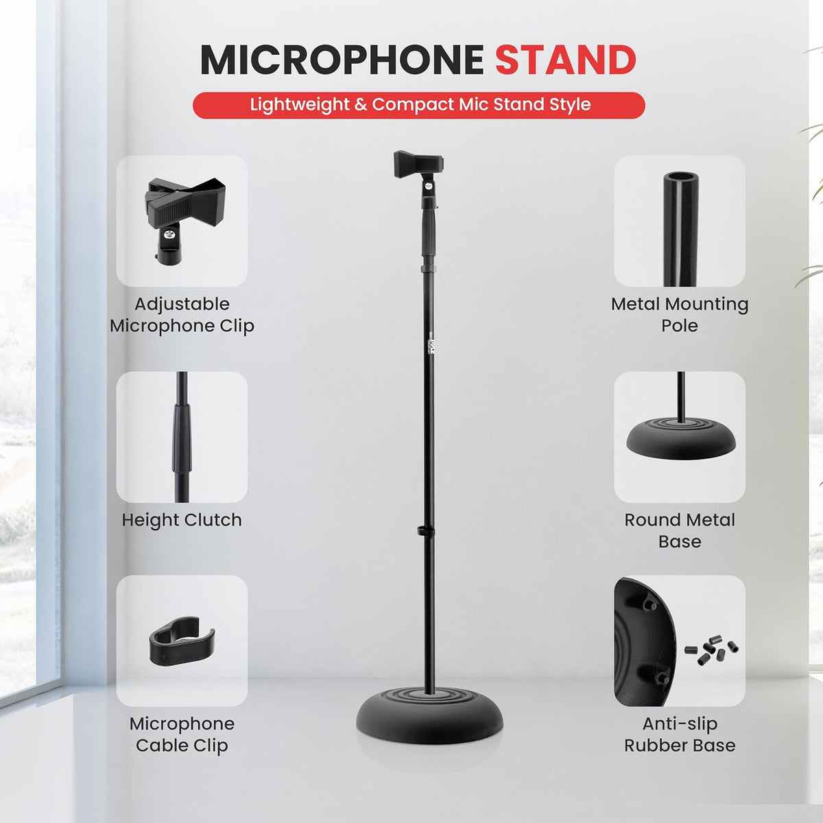 Pyle Universal Microphone Stand - Handheld Mic Compatible, Heavy Compact Base, Lightweight & Compact Design, 2.8 to 5 Ft Height Adjustable Clamp, Pivot Angle Clip, Home/Studio Use (Pair)
