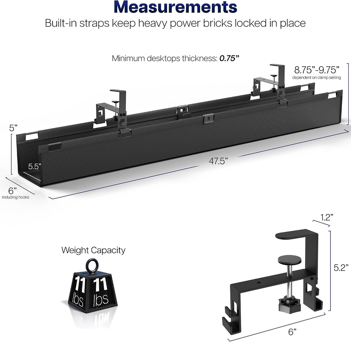 VIVO Black Clamp-on 47 in Fabric Cable Management Tray, DESK-AC47F-C