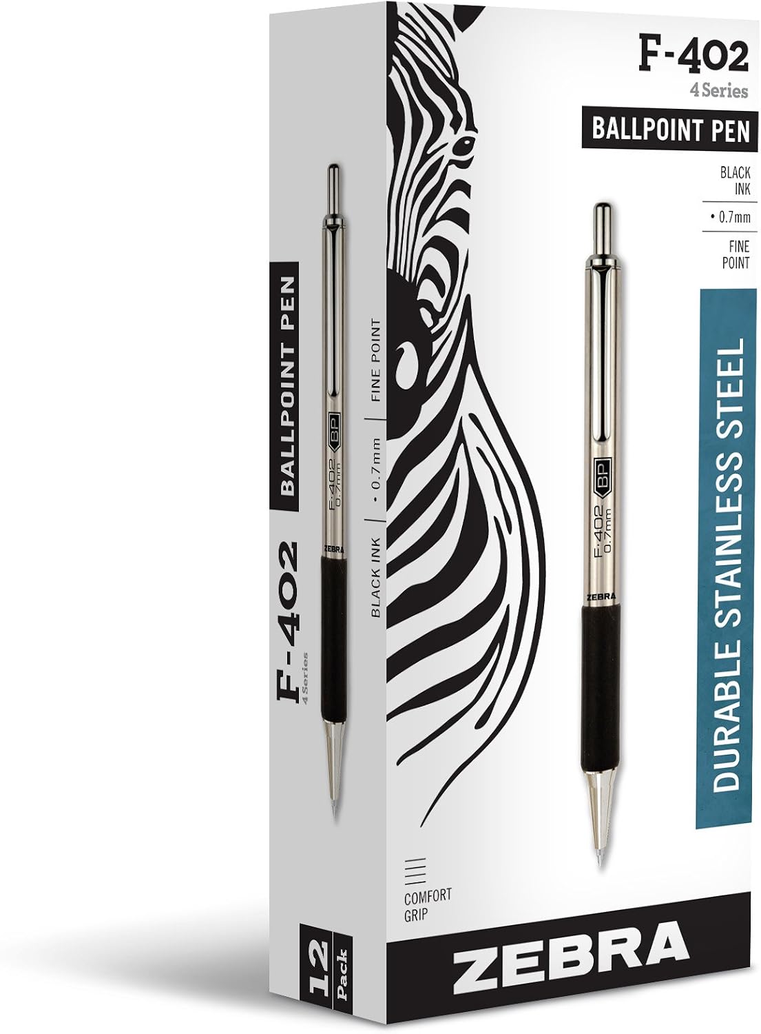 Zebra Pen STEEL F-402 Retractable Ballpoint Pen, Black Ink, 0.7mm, 12-Pack