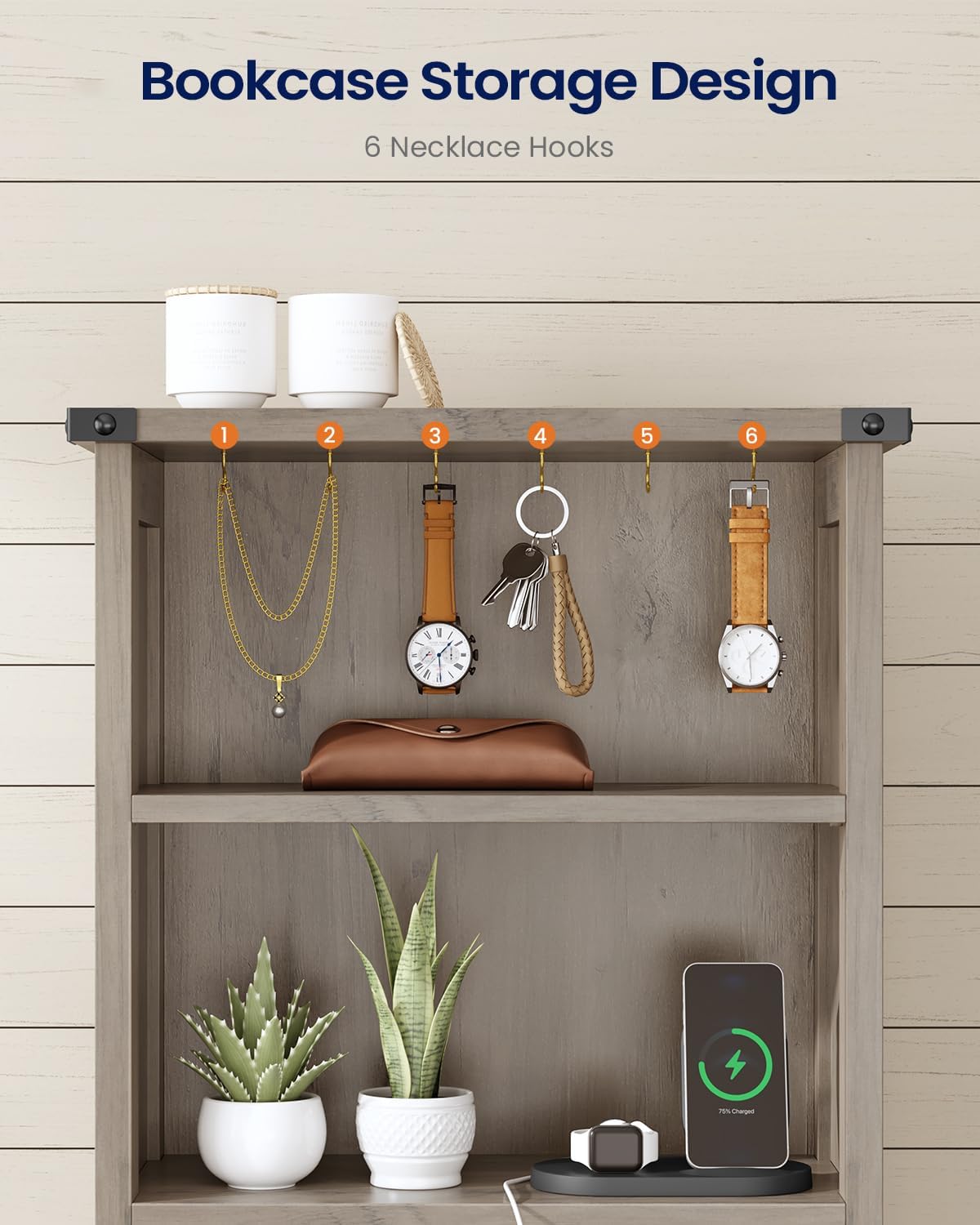 Farmhouse Tall Nightstand with Charging Station and 2 Drawers,Led Night Stand with Bookshelf,Bedside End Side Table with 6 Hooks and Storage Shelves for Bedroom,Grey