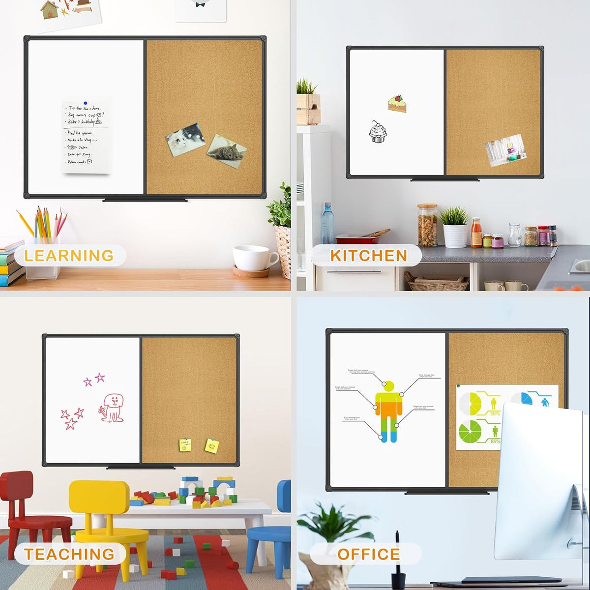 JILoffice White Board & Bulletin Corkboard Combination, Combo Board 48 x 36 Magnetic Whiteboard, Black Aluminum Frame Wall Mounted Board for Office Home and School with 10 Push Pins
