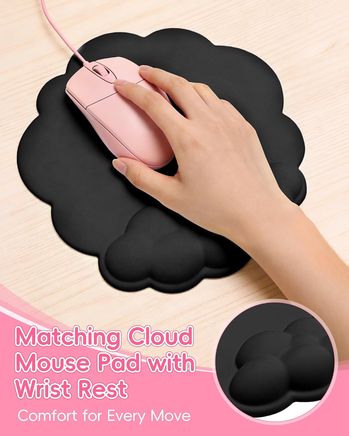 Ergonomic Cloud Wrist Rest Set for Keyboard and Mouse, Black