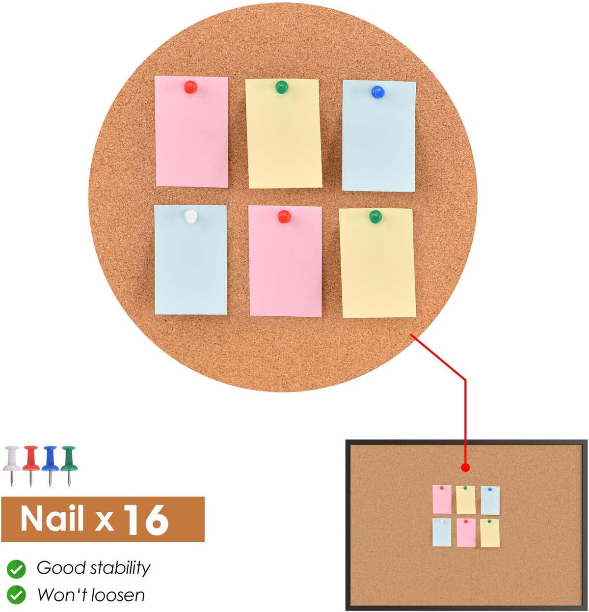 Cork Board Bulletin Board 20“ x 30”, Black Wood Framed Corkboard, Office Board for Wall Cork, Large Wall Mounted Notice Pin Board with 16 Push Pins for School, Home & Office