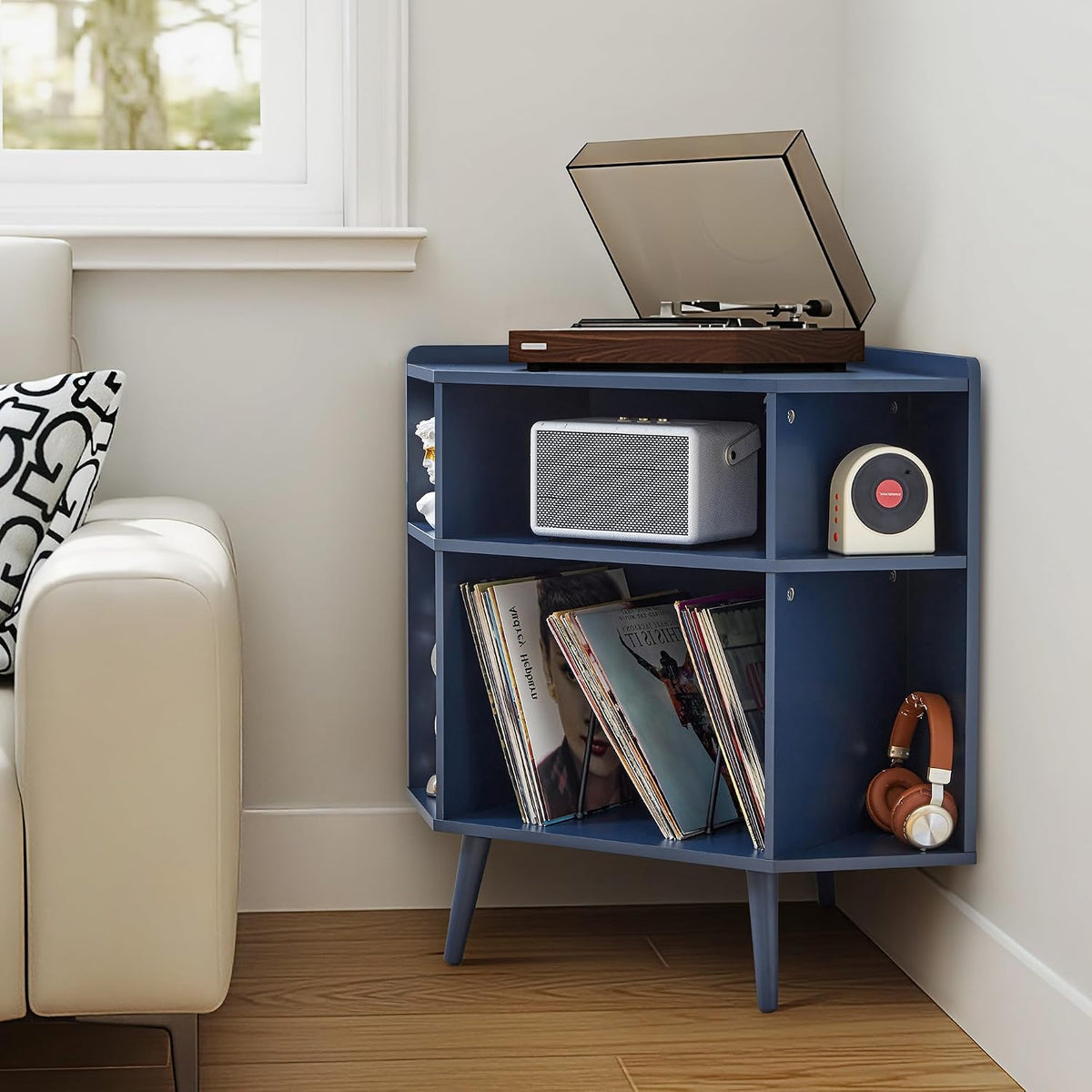 Corner Record Player Stand with Charging Station & USB Ports