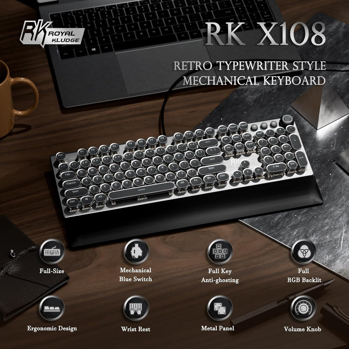 RK ROYAL KLUDGE X108 Typewriter Keyboard with Knob, Wired Mechanical Gaming Keyboard, 108 Keys RGB Backlit Sidelight, Detachable Wrist Rest, Retro Round Keycaps Blue Switches - Shadow Black