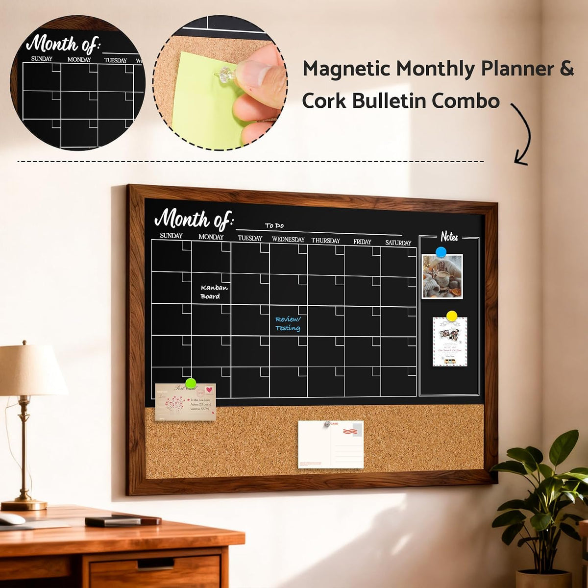 DOLLAR BOSS Chalkboard Calendar Corkboard Combo, 24" x 18" Rustic Brown